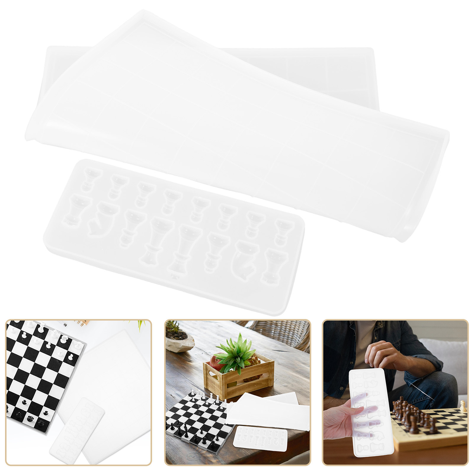 Silicone Epoxy Resin Molds Set - シリコンチェス盤フルサイズ型セット DIYエポキシ樹脂チェスの駒鋳造工芸品 チェス製作用品型