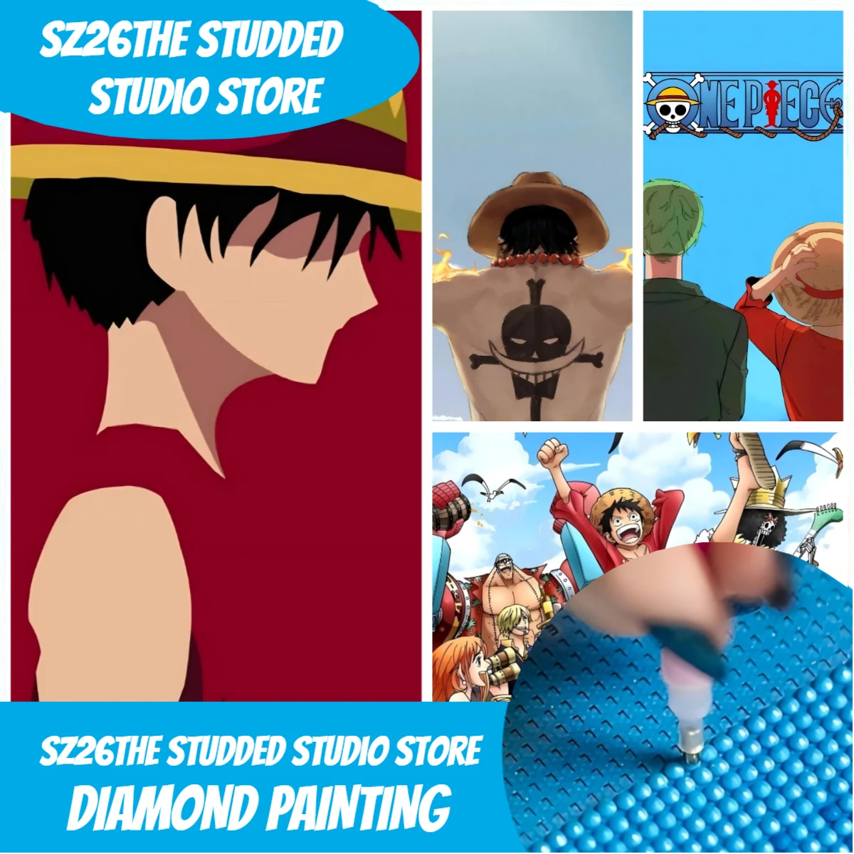 5D Diamond Painting Kit Full Drill - Sz26 スタッズ付きアニメ「ONE PIECE」麦わら帽子柄 5D ダイヤモンドペイントキット、全面貼り付け式、DIY ラインストーン刺繍、クロスステッチ