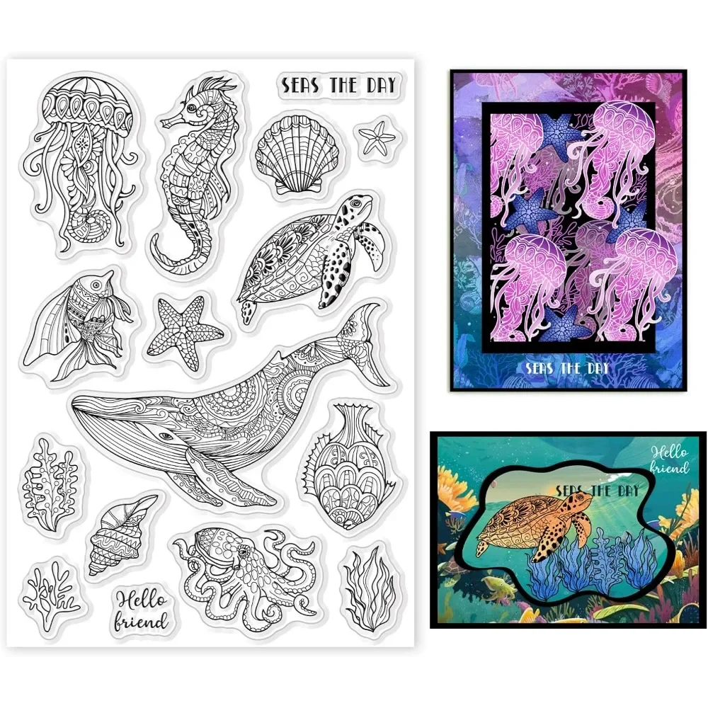 Clear Silicone Stamps For Card Making - カード作成用の透明なシリコンシール、DIYクリアスタンプ、海洋生物、海洋、クジラ、カメ、タツノオトシゴ、イカ、金魚