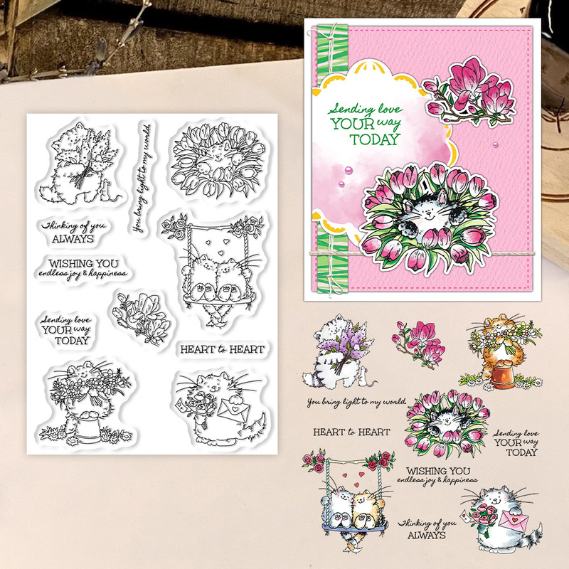Clear Silicone Stamps For Card Making - サンクラフト キュートな子猫と花柄クリアスタンプ DIY スクラップブッキング用品 シリコンスタンプ カード作成
