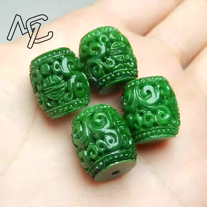 Beading - 5pc ナチュラルグリーンヒスイ彫刻ビーズ DIY ブレスレットバングルチャームジェダイトジュエリーファッションアクセサリーお守りギフト女性男性のための