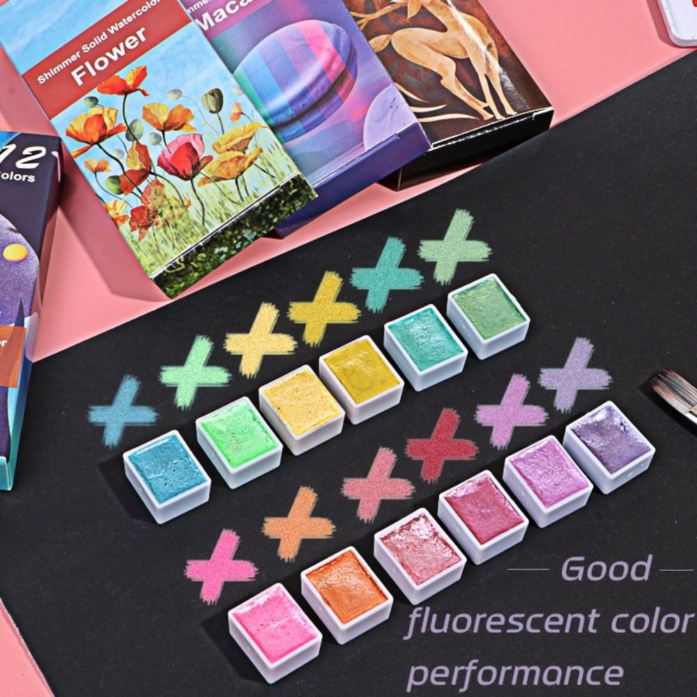 Watercolor Paint Set Solid Pigment - ポータブル固体水彩ペイントセット 6/12 色プラスチックボックス油絵キットメタリックグリッター水彩顔料学生