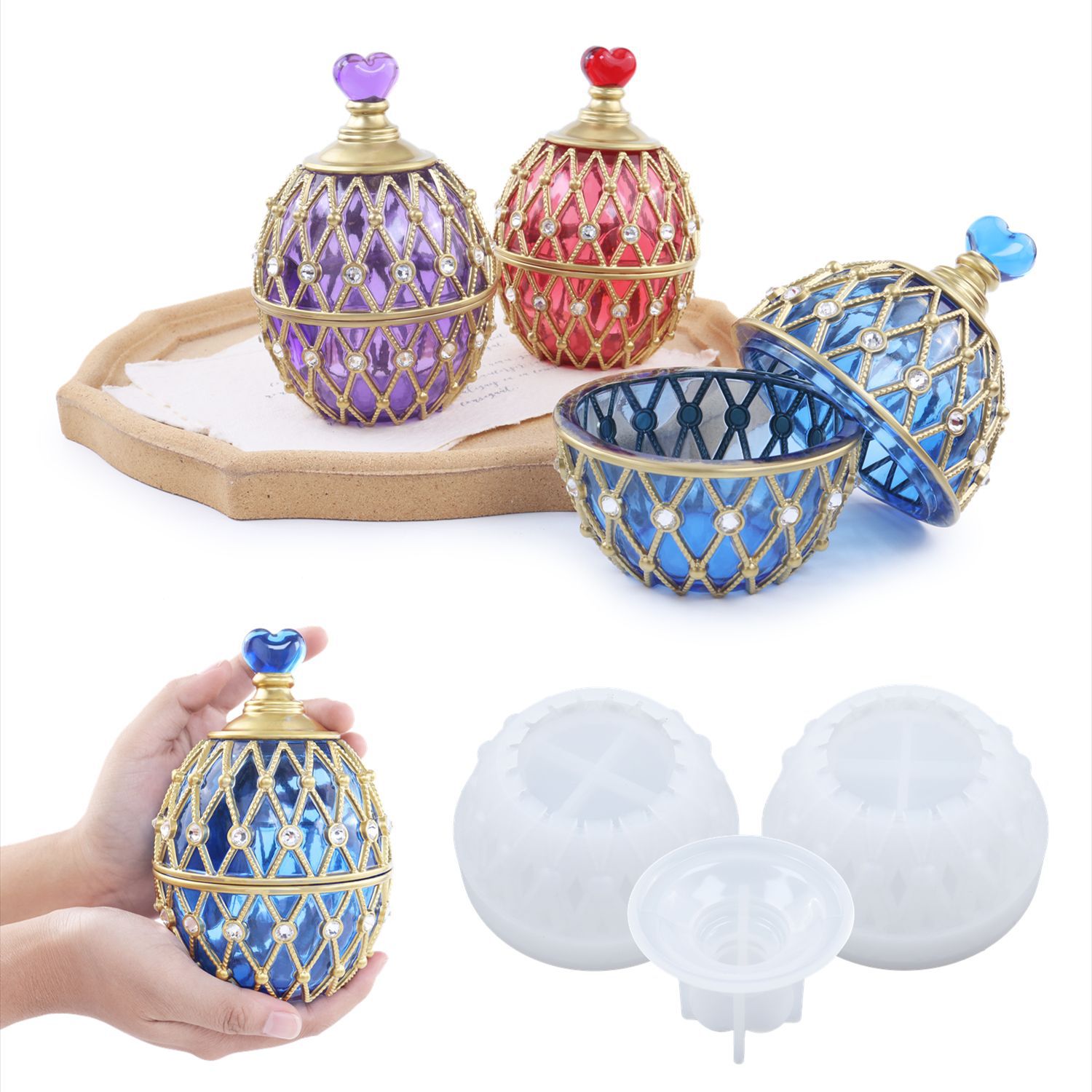 Silicone Epoxy Resin Molds Set - 日曜大工用エポキシ樹脂金型収納ボックス,卵形収納ボックス,ジュエリー貼り付け用ダイヤモンドグローブ,シリコン収納ボックス,2つのスタイル