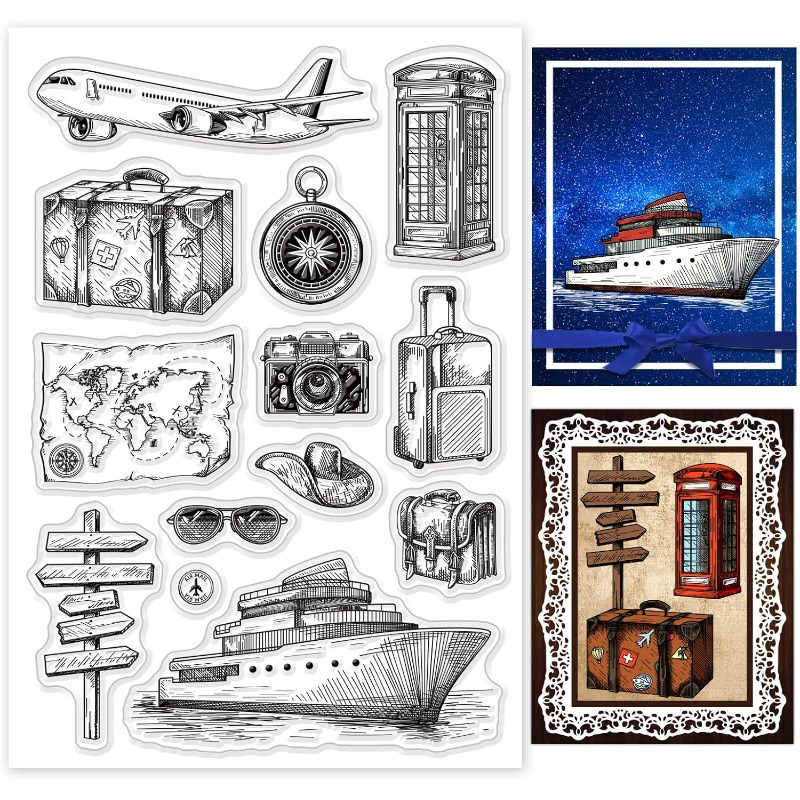 Clear Silicone Stamps For Card Making - 旅行シリコーンクリアスタンプ飛行機地図透明シリコーンスタンプカメラボートゴム印スクラップブックジャーナルカード作成用