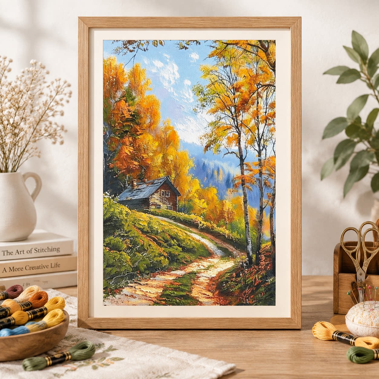 Cross Stitch Stamped Kits Beginners - [ZZ9250-秋の森の小屋] 初心者向けDIYクロスステッチキット、11CT、14CT、16CTのプリントキャンバス、刺繍針、必要な道具一式付き。