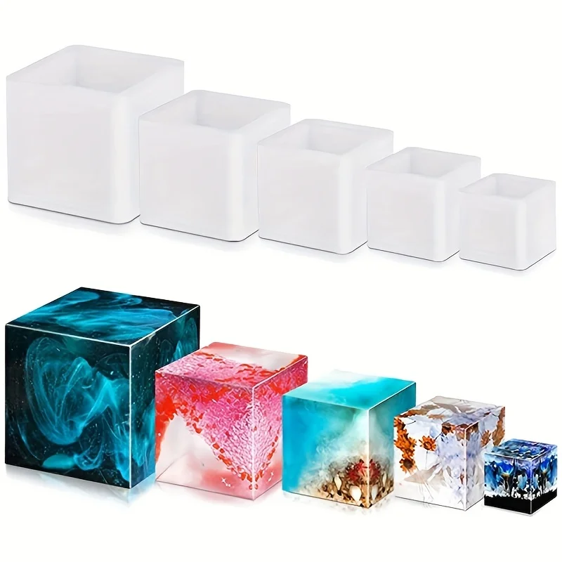 Silicone Epoxy Resin Molds Set - 5 個の正方形樹脂モールドシリコーン、エポキシ樹脂注ぐモールド DIY ボックス樹脂モールドシリコーン樹脂セットモールド、透明キューブシリコーン