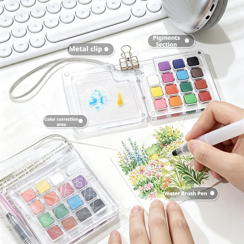 Watercolor Paint Set Solid Pigment - 15色ポータブルトラベル固形水彩絵具ギフトセット ミニ水彩顔料 ペイントブラシ パレットボックス アート用品