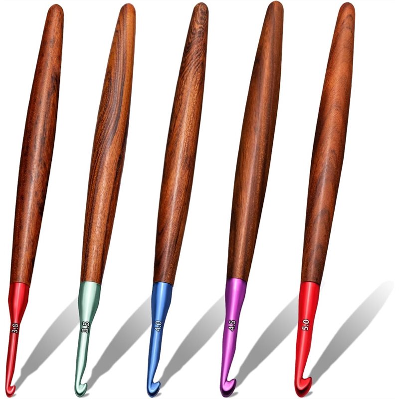 Wooden Crochet Hooks Ergonomic Handle - 【ラストチャンス】人間工学に基づいたかぎ針編みフックセット 5本セット、3mm～5mmのアルミフック、木製ハンドル付き