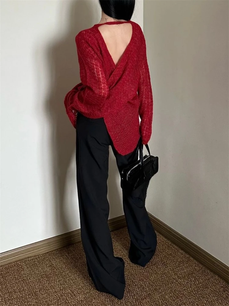 Embroidery - Y2K シースルーニットレディース T シャツ、ヴィンテージクロスバックレスセクシールーズトップ