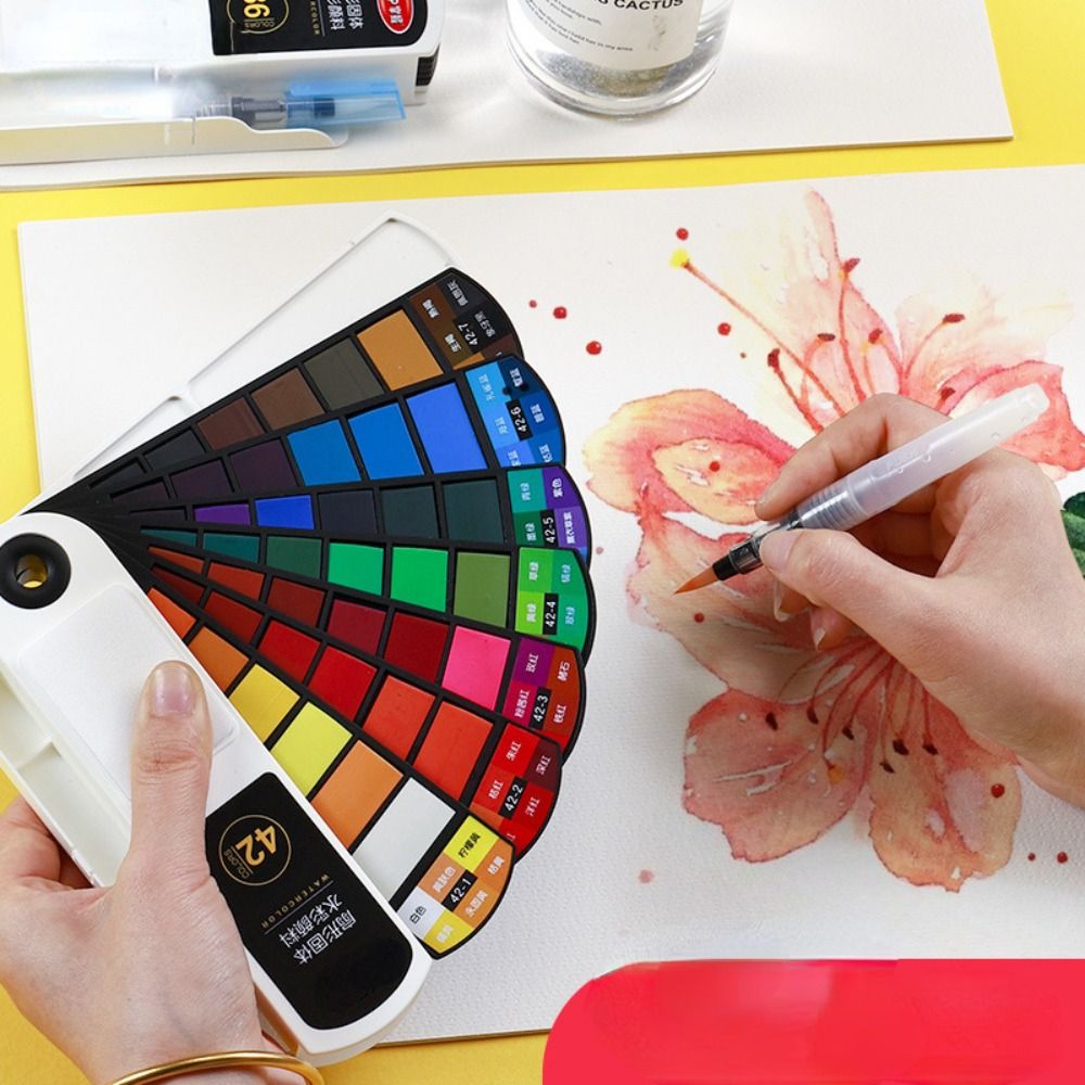 Watercolor Paint Set Solid Pigment - 折りたたみ式水彩絵具セット、水筆ペン付き、18/24/36/42色、油絵キット、固形水彩顔料、学校用