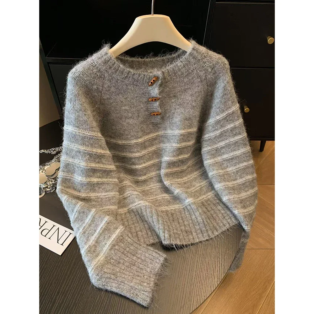 秋冬レディースストライプウールカシミヤセーター、ゆったり暖か - Embroidery のレビューと価格