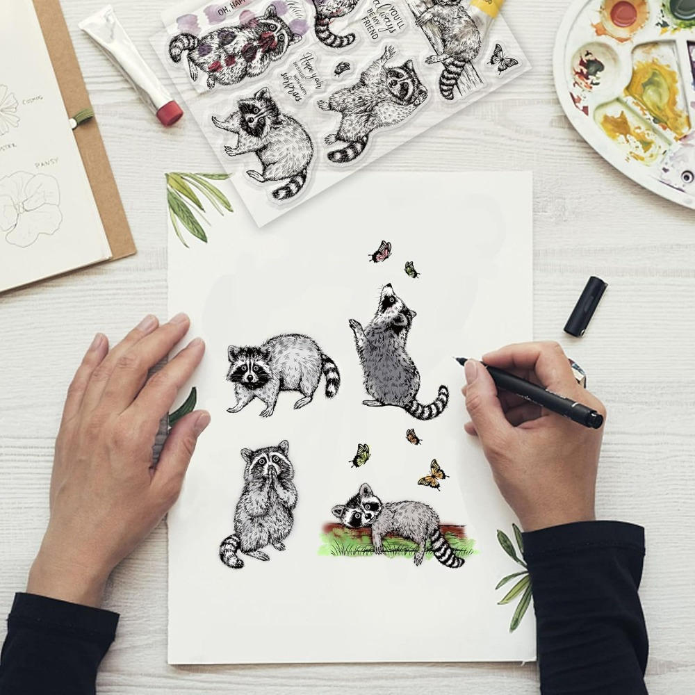 アライグマのリアルなクリアスタンプ、動物、蝶、シリコンクリア - Clear Silicone Stamps For Card Making のレビューと価格