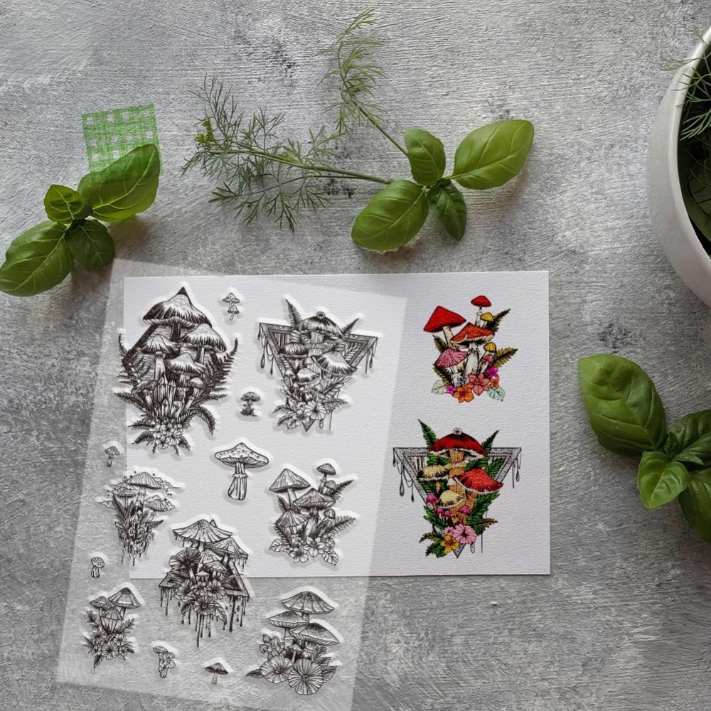 カード作成用の透明なシリコンスタンプ、キノコ、植物、葉、透明 - Clear Silicone Stamps For Card Making のレビューと価格